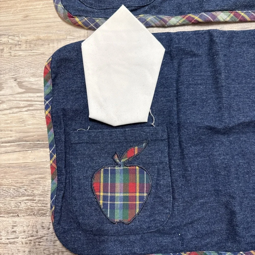 Set Of 4 Vintage Denim Placemats Plaid Trim W/ Apple Pocket W/‎ Napkin 17x12